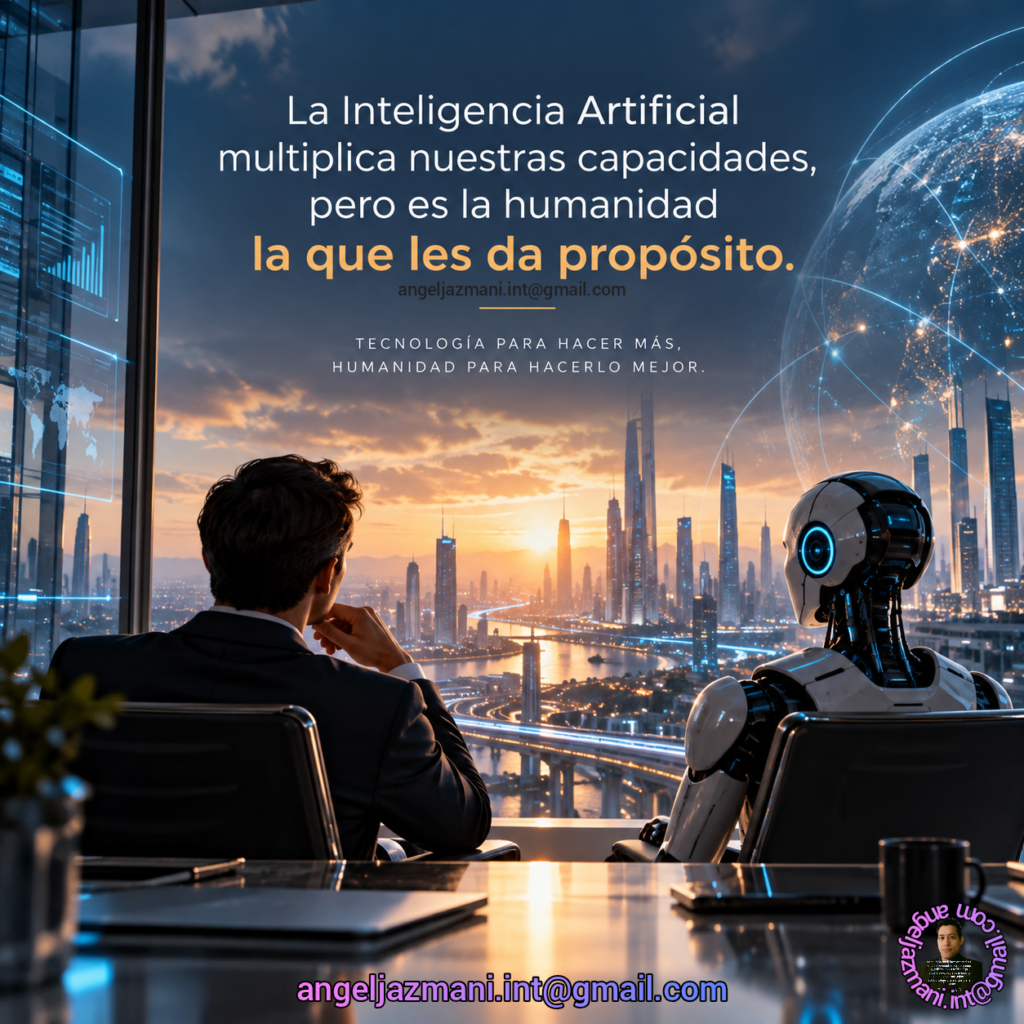 Un humano y un robot contemplan una ciudad al atardecer. La frase destaca que la inteligencia artificial multiplica nuestras capacidades y la humanidad les da propósito.