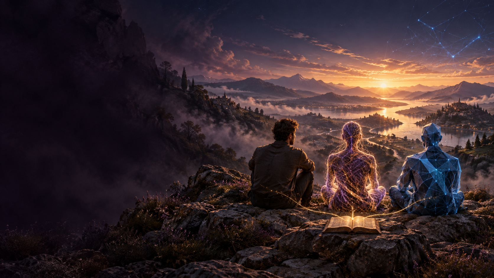 Ángel, Árgon y Nexo contemplan juntos un horizonte al amanecer; un libro abierto conecta sus actividades.